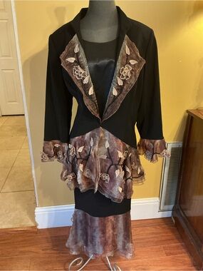 Louise Ricci Black Jacket & Floral Organza Skirt Set - Brown Floral Appliqué
